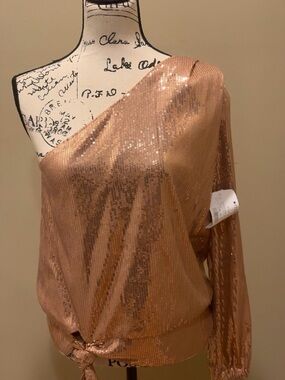 INC One Shoulder Sequin Top Rose Gold Tie Waist Long Sleeve Size Medium
